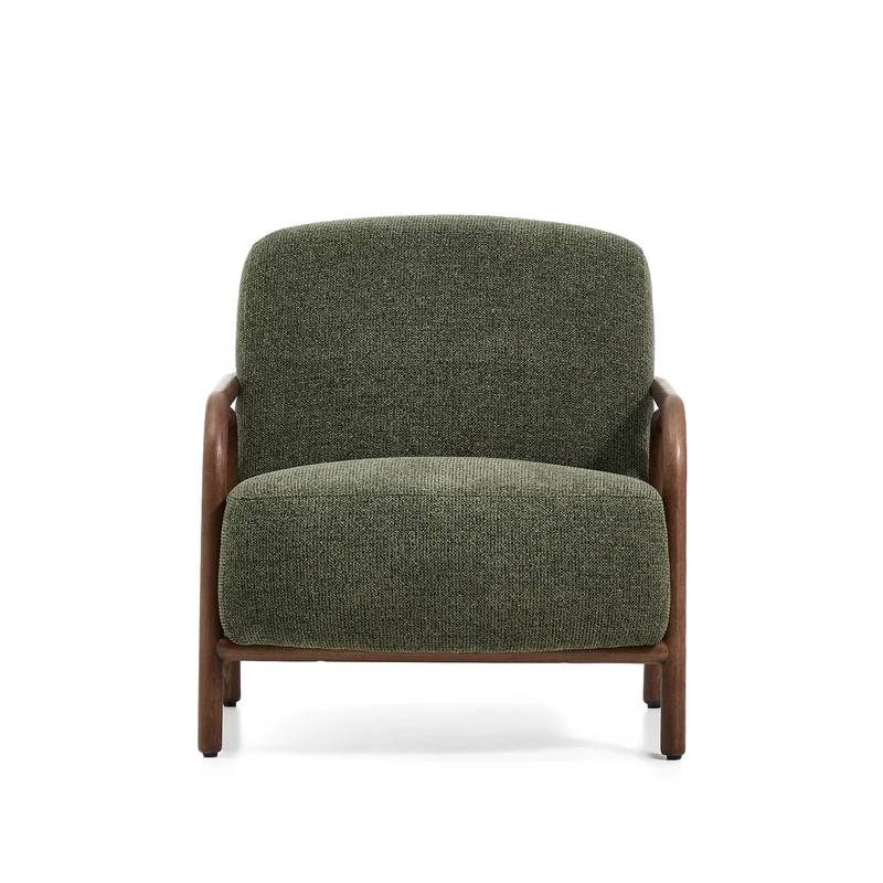 Sylo armchair in dark green chenille and solid ash wood with walnut-coloured finish FSC 100%
