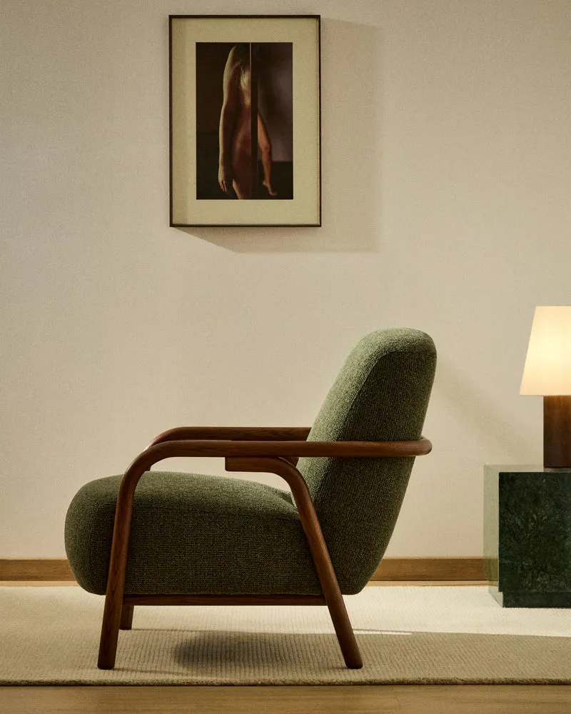 Sylo armchair in dark green chenille and solid ash wood with walnut-coloured finish FSC 100%