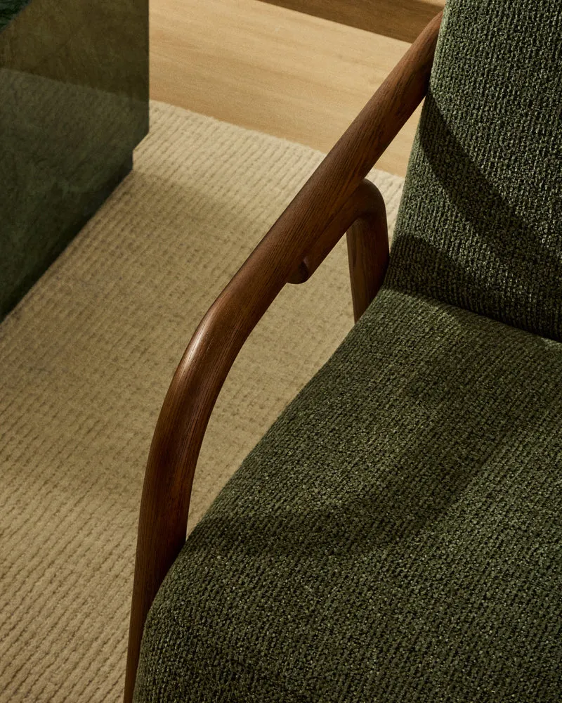 Sylo armchair in dark green chenille and solid ash wood with walnut-coloured finish FSC 100%