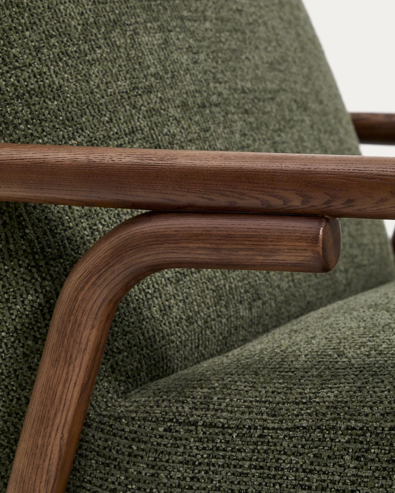 Sylo armchair in dark green chenille and solid ash wood with walnut-coloured finish FSC 100%