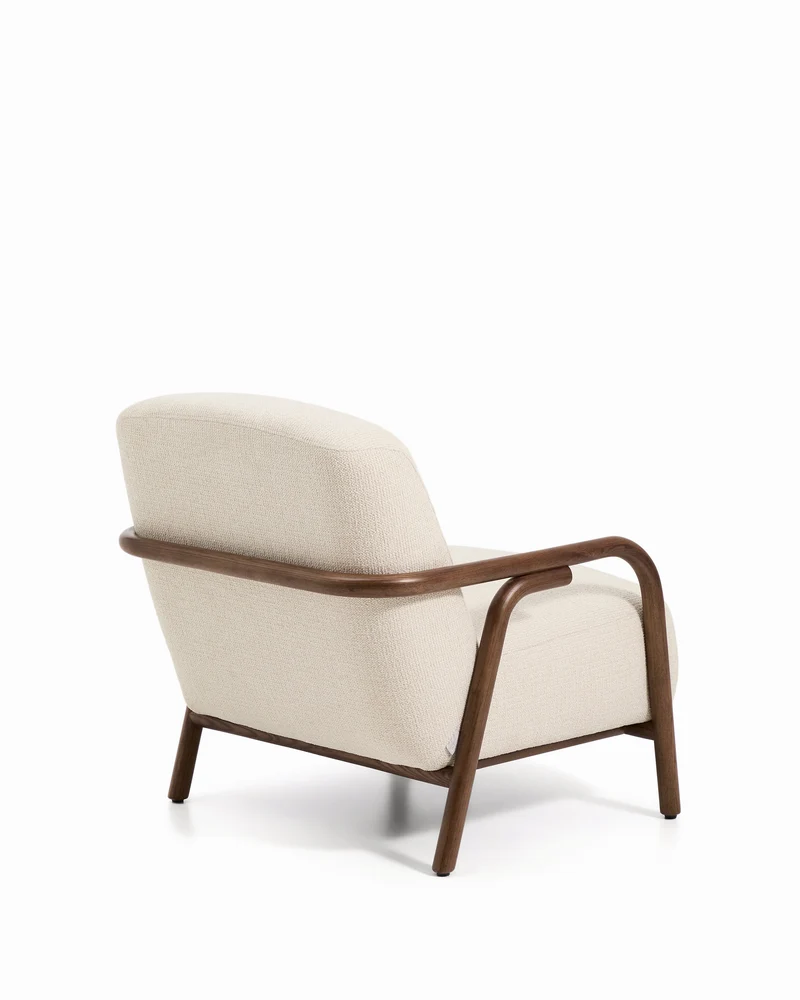 Sylo armchair in beige chenille and solid ash wood with walnut-coloured finish FSC 100%