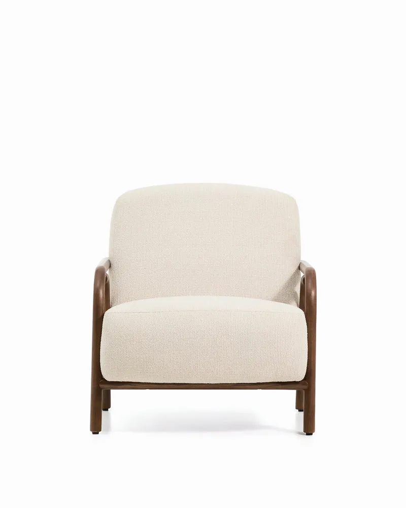 Sylo armchair in beige chenille and solid ash wood with walnut-coloured finish FSC 100%