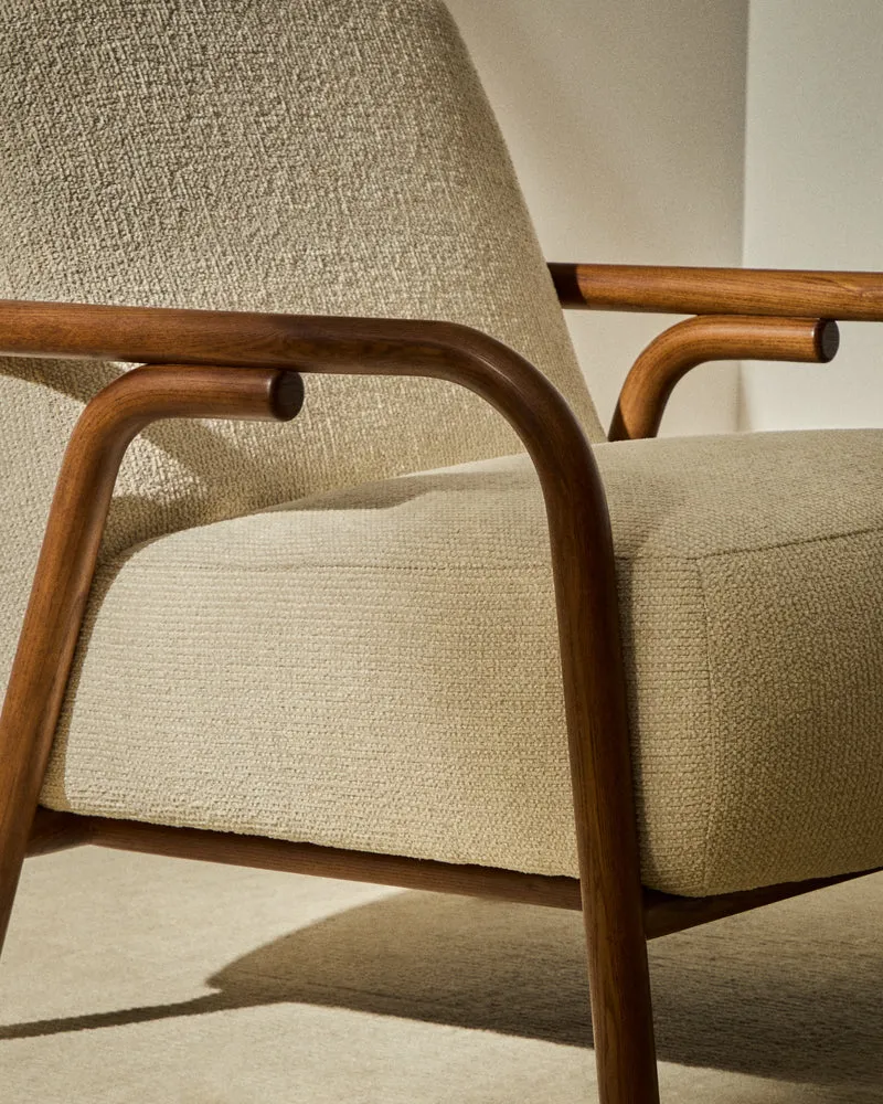 Sylo armchair in beige chenille and solid ash wood with walnut-coloured finish FSC 100%