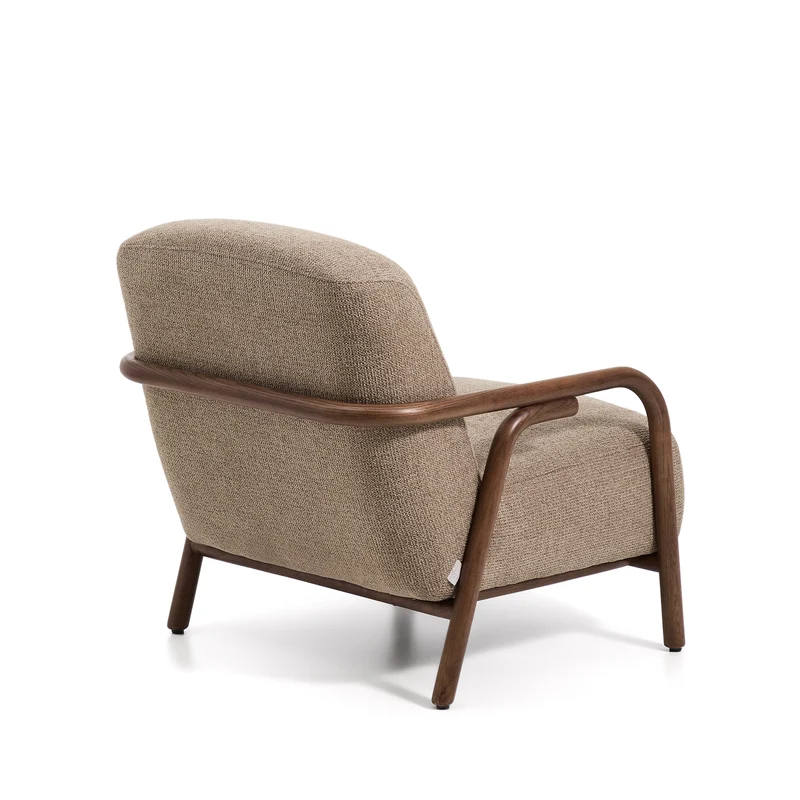 Sylo armchair in taupe chenille and solid ash wood with walnut-coloured finish FSC 100%