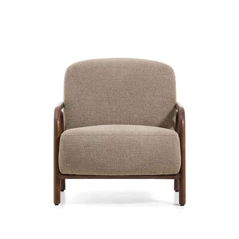 Sylo armchair in taupe chenille and solid ash wood with walnut-coloured finish FSC 100%