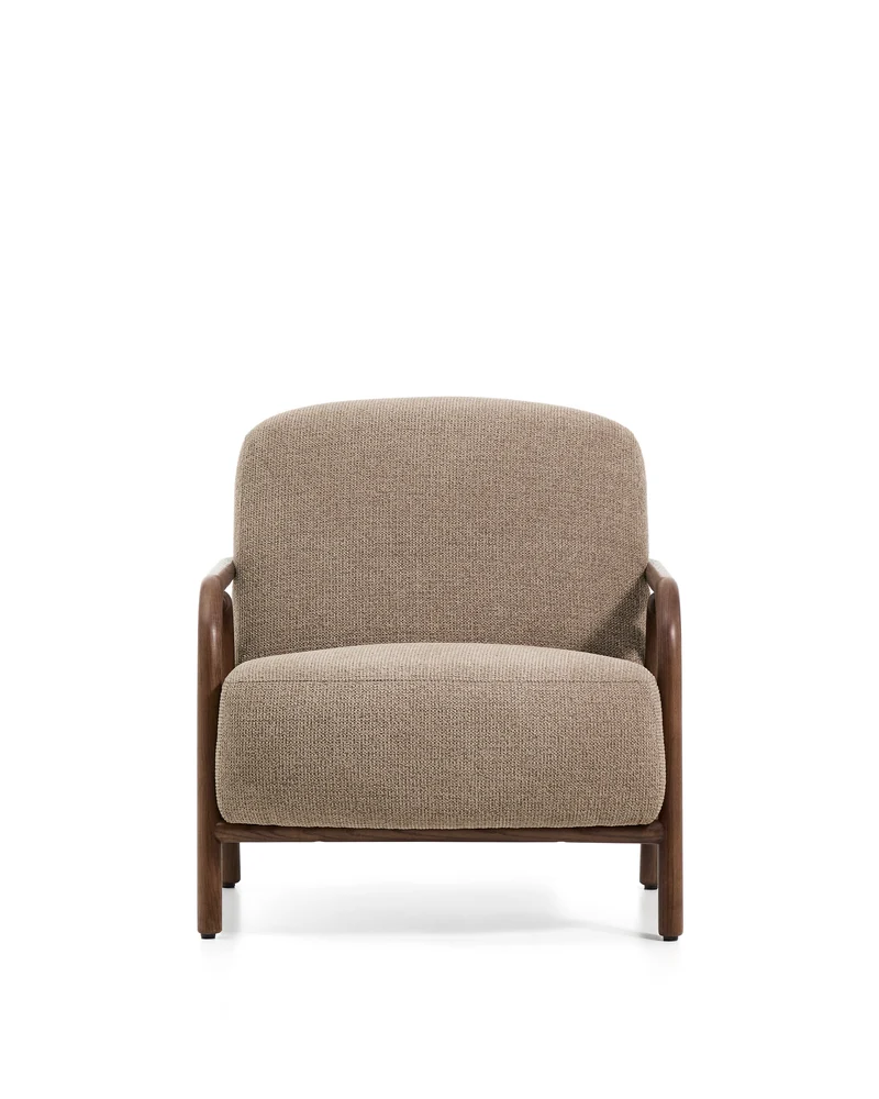 Sylo armchair in taupe chenille and solid ash wood with walnut-coloured finish FSC 100%