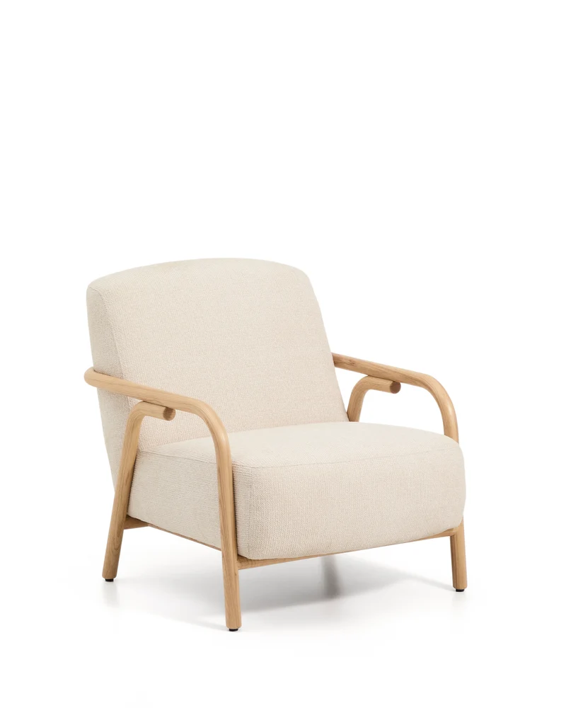 Sylo armchair in beige chenille and solid ash wood with natural-coloured finish FSC 100%