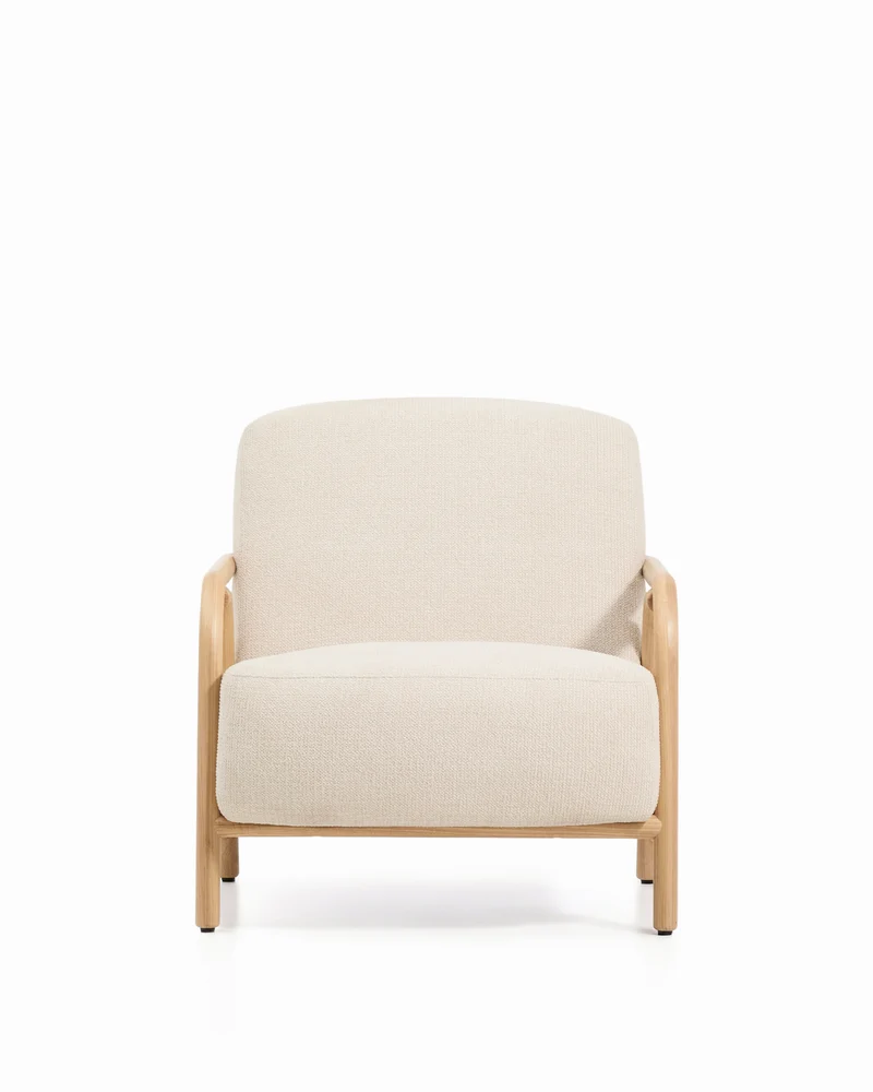 Sylo armchair in beige chenille and solid ash wood with natural-coloured finish FSC 100%