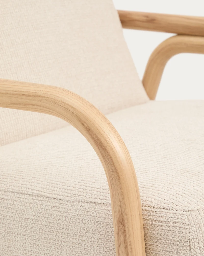 Sylo armchair in beige chenille and solid ash wood with natural-coloured finish FSC 100%