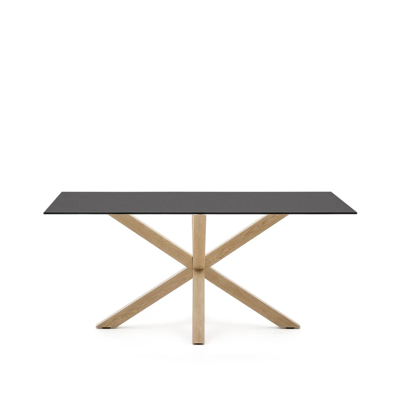 Argo table in frosted black glass and wood-effect steel legs 160 x 90 cm