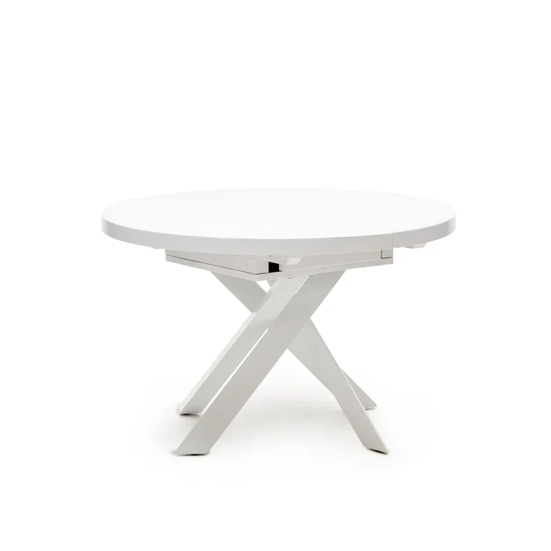Vashti extendable round table in glass and MDF with steel legs in white, Ø 120(160)x120cm
