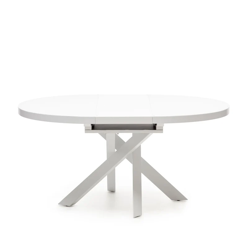 Vashti extendable round table in glass and MDF with steel legs in white, Ø 120(160)x120cm