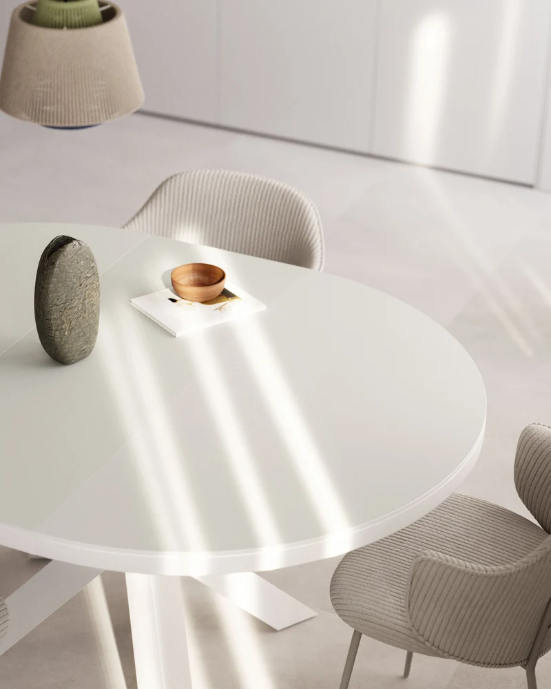 Vashti extendable round table in glass and MDF with steel legs in white, Ø 120(160)x120cm