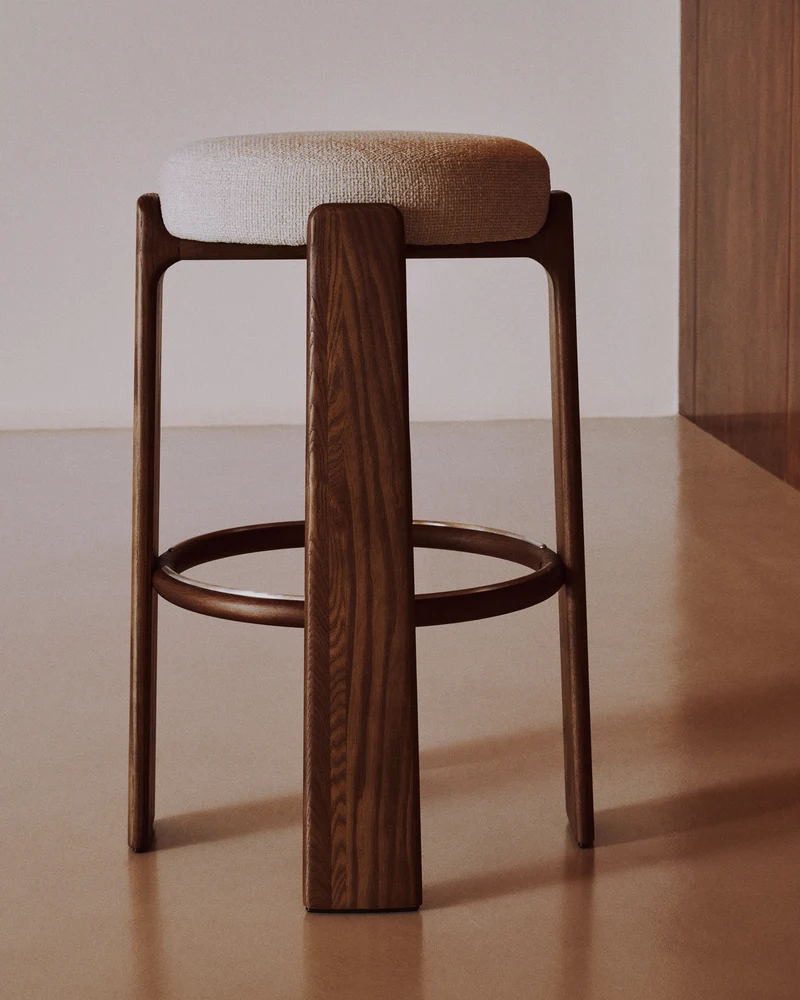 Granite stool in beige chenille & walnut 75cm