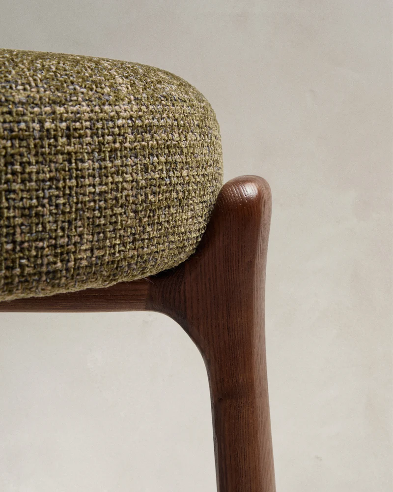 Granite stool in green chenille and solid ash wood with walnut-coloured finish FSC 100% 65cm