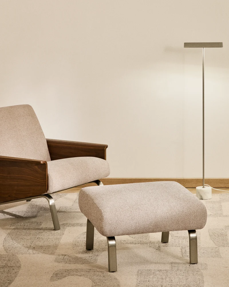Amsen beige footrest with brushed stainless steel legs 68 x 55 cm