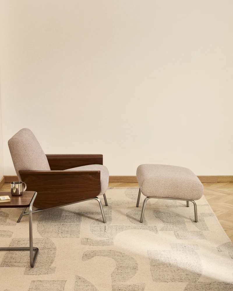 Amsen light brown footrest with brushed stainless steel legs 68 x 55 cm