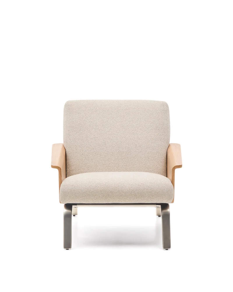 Amsen beige armchair in oak plywood with legs in brushed stainless steel