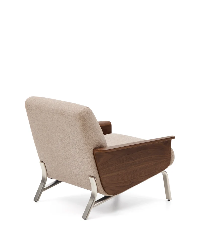 Amsen light brown armchair in walnut plywood with legs in brushed stainless steel