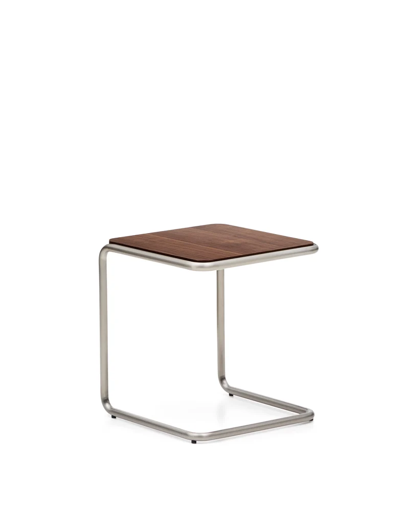 Tarsel side table in walnut veneer with brushed stainless steel structure 42 x 47cm