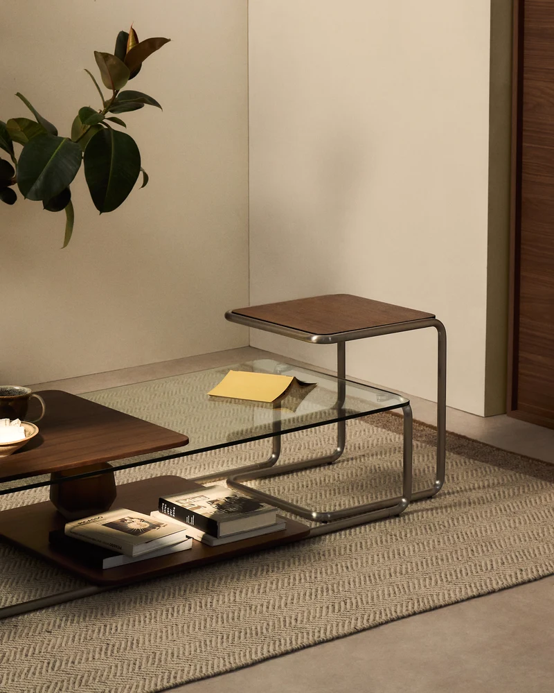 Tarsel side table in walnut veneer with brushed stainless steel structure 42 x 47cm