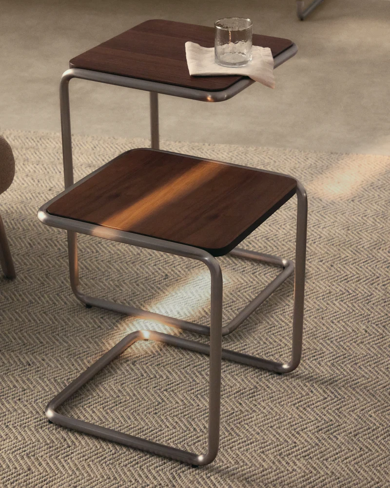 Tarsel side table in walnut veneer with brushed stainless steel structure 42 x 47cm