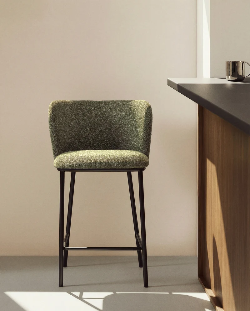 Ciselia dark green thick chenille stool with black legs 65cm