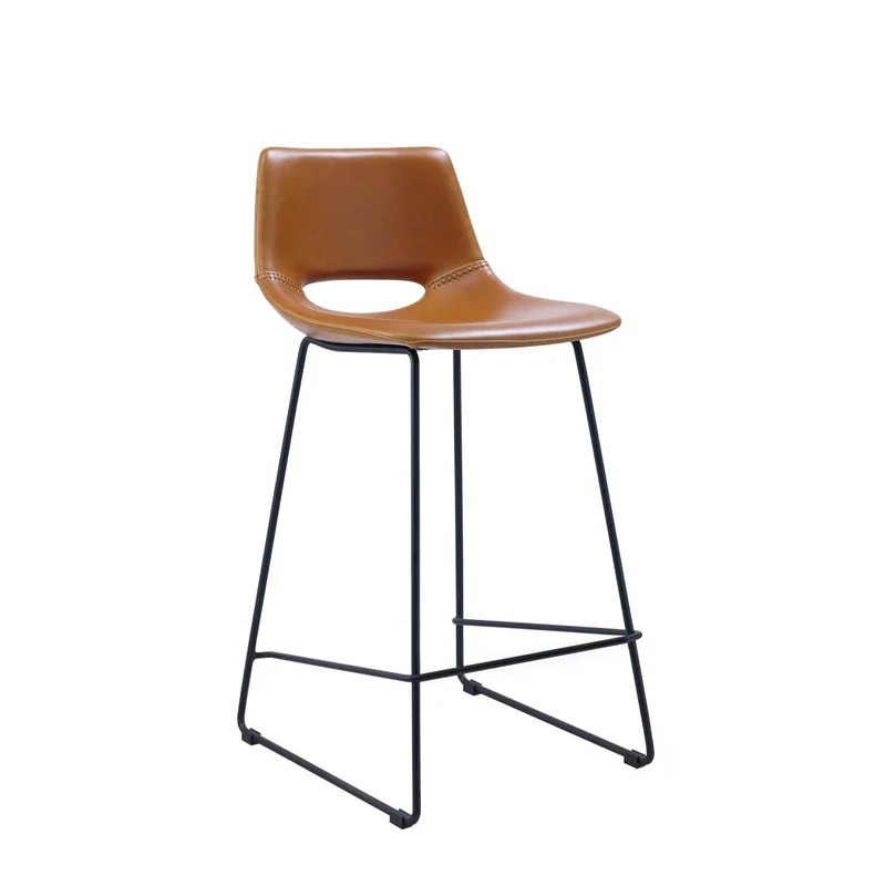 Zahara bar stool in brown synthetic leather with steel legs in black finish 65 cm