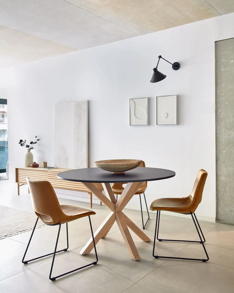 Zahara synthetic leather brown chair with steel legs with black finish
