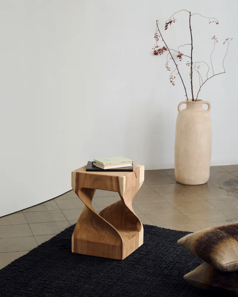 Hakon solid rain tree wood side table with carved interior, 30 x 30 cm