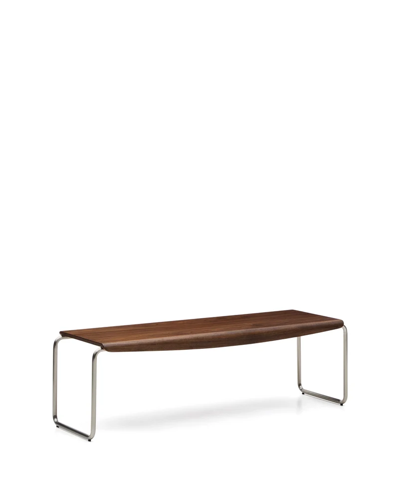 Tarsel bench in walnut veneer with brushed stainless steel structure 142cm