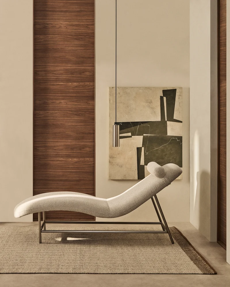 Osla chaise longue in beige chenille with brushed stainless steel legs FSC 100% 175 cm