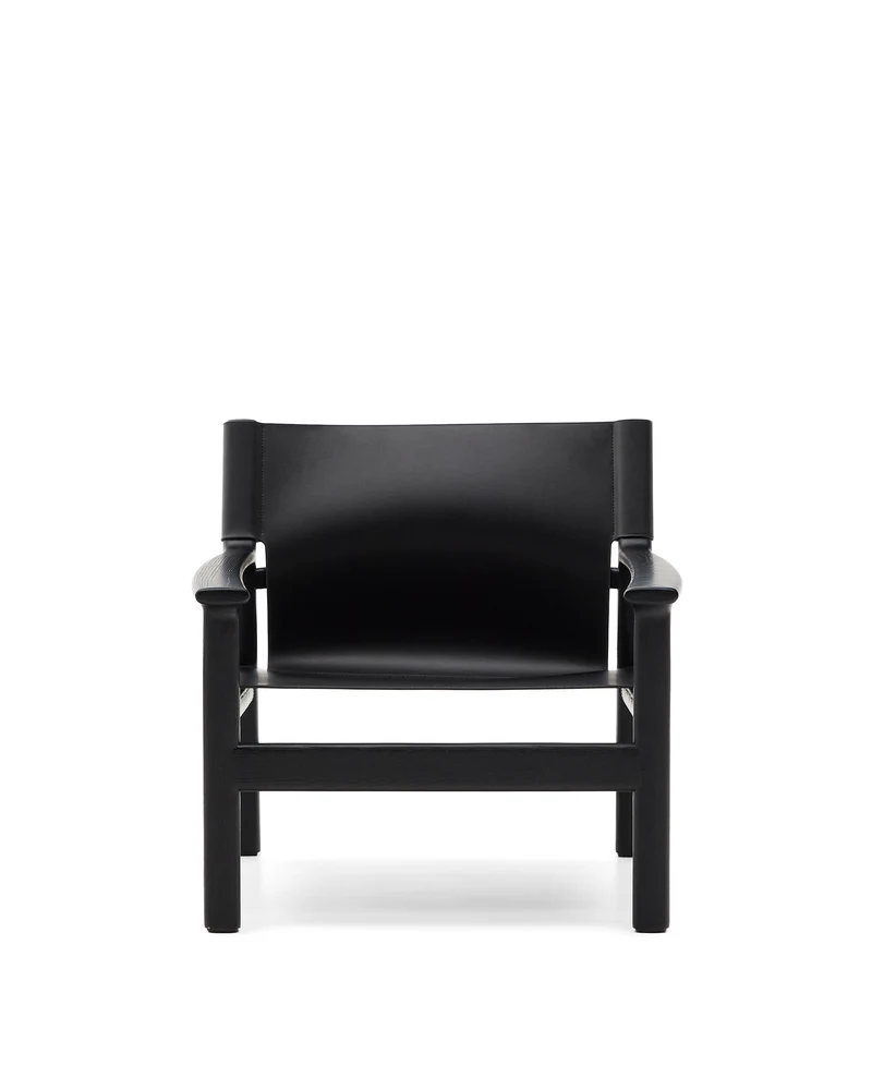Jan armchair made of black recycled leather fibres and FSC 100% solid ash wood with black finish