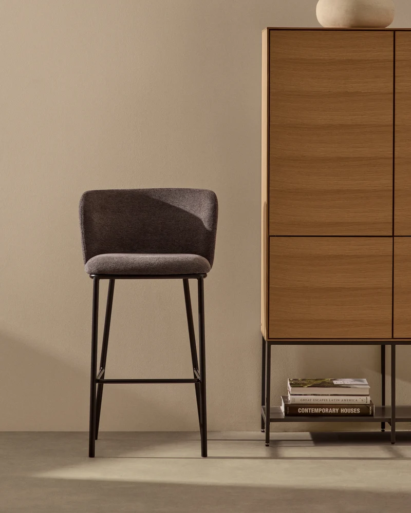 Ciselia stool in dark grey chenille and black legs 75 cm