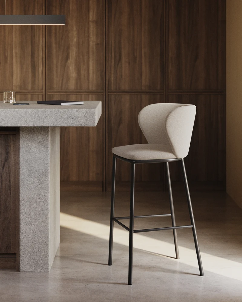 Ciselia stool in beige chenille with black legs 65 cm