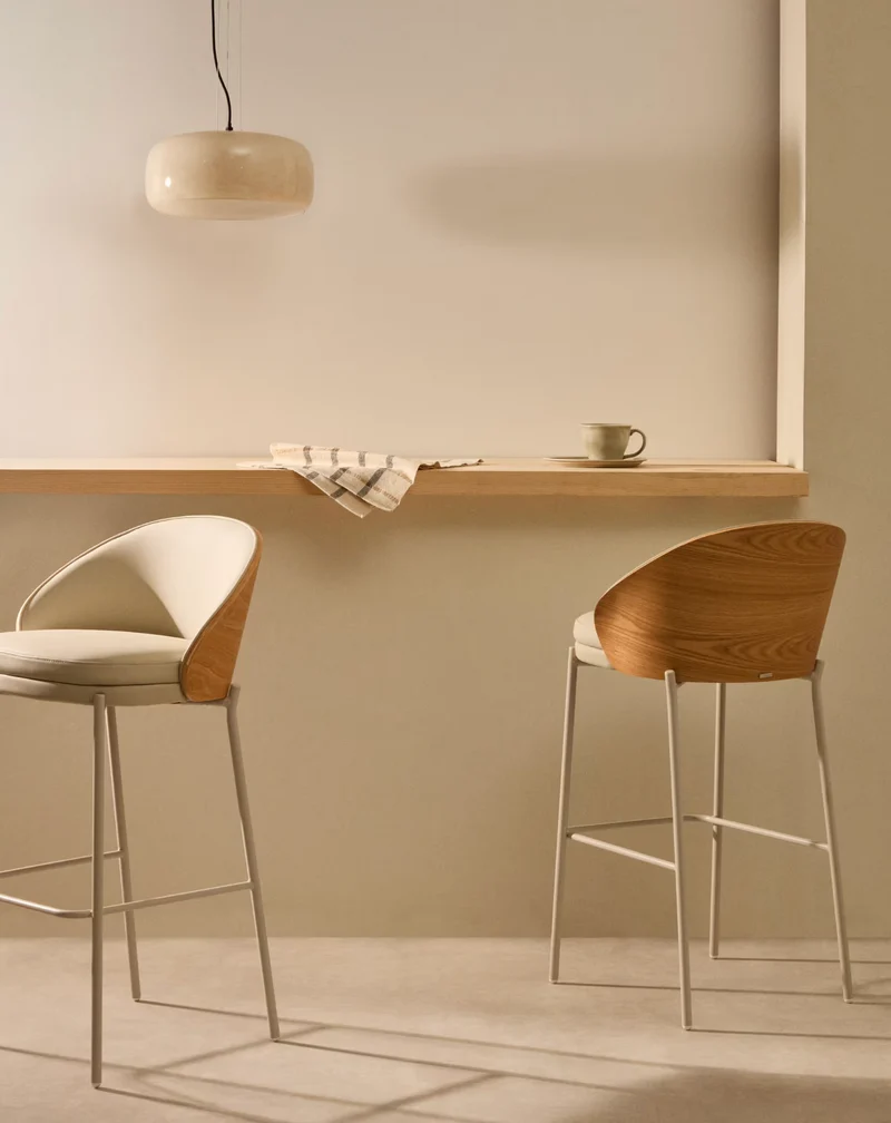 Eamy Stool Beige Flax Leather & Ash Veneer 65 cm