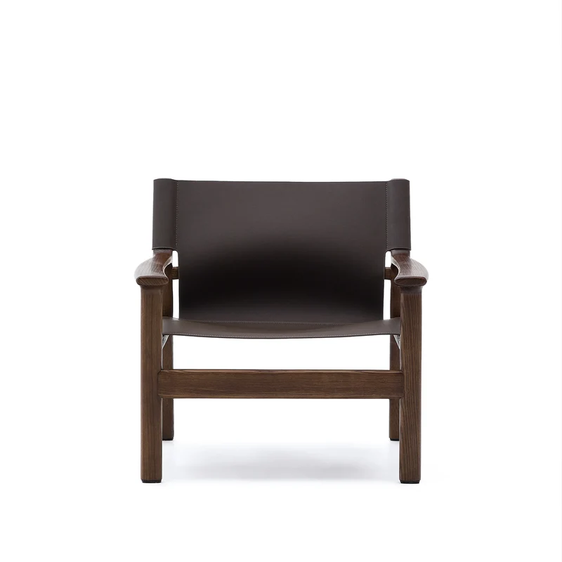 Jan armchair made of dark brown recycled leather fibres and FSC 100% solid ash wood with walnut-coloured finish