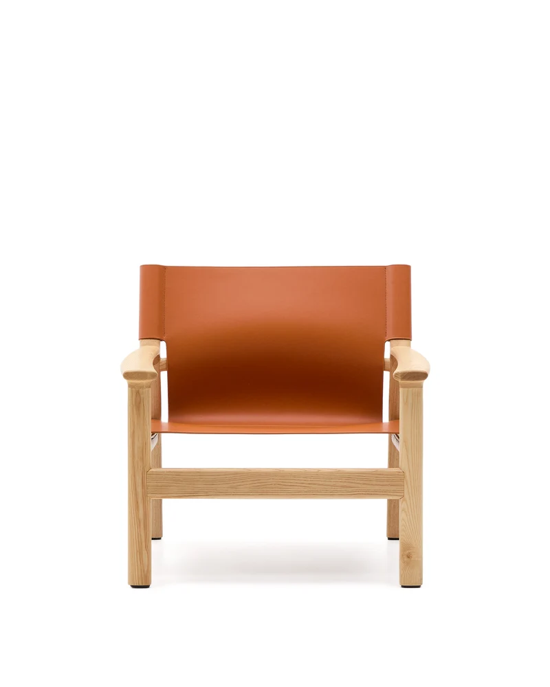 Jan armchair made of light brown recycled leather fibres and FSC 100% solid ash wood with natural tone finish