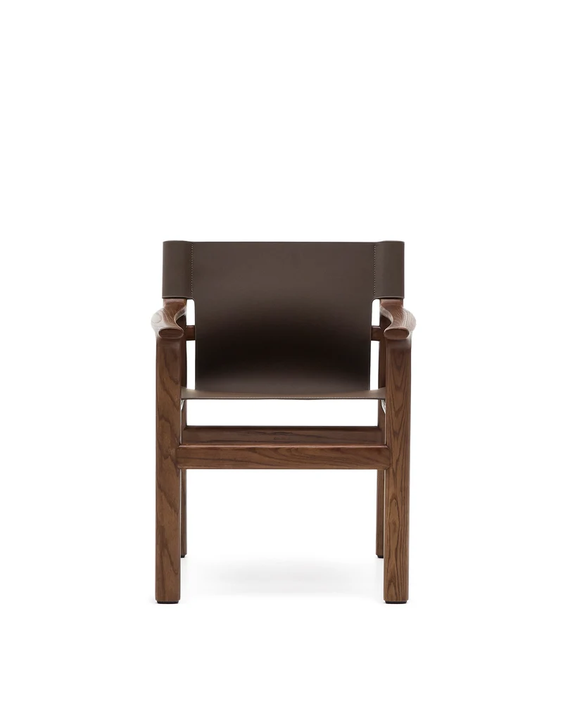 Jan chair made of dark brown recycled leather fibres and FSC 100% solid ash wood with walnut-coloured finish
