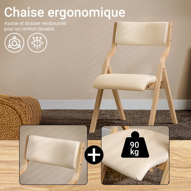 SoBuy FST40-Wx2 Lot de 2 Chaises Pliantes Rembourrées en Bois – Blanc