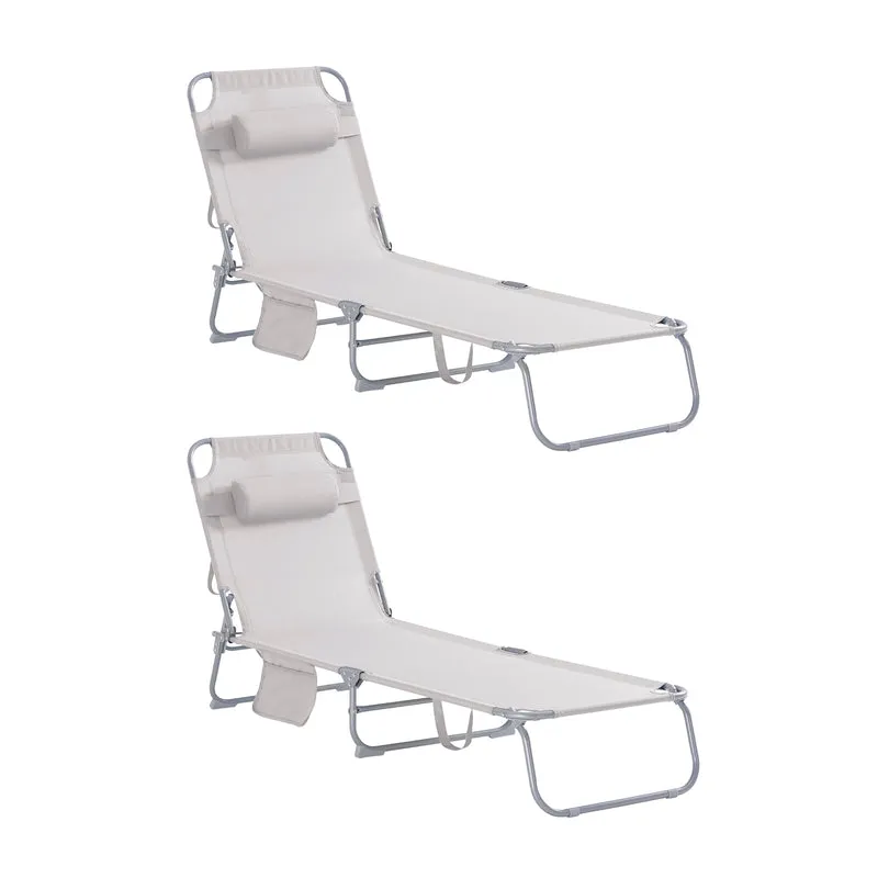 SoBuy OGS35-MIx2 Lot de 2 Transats de Jardin Pliable avec Oreiller et Poche Latérale, Chaise Longue Relax, Design Fonctionnel – L155×P56×H81 cm, Beige