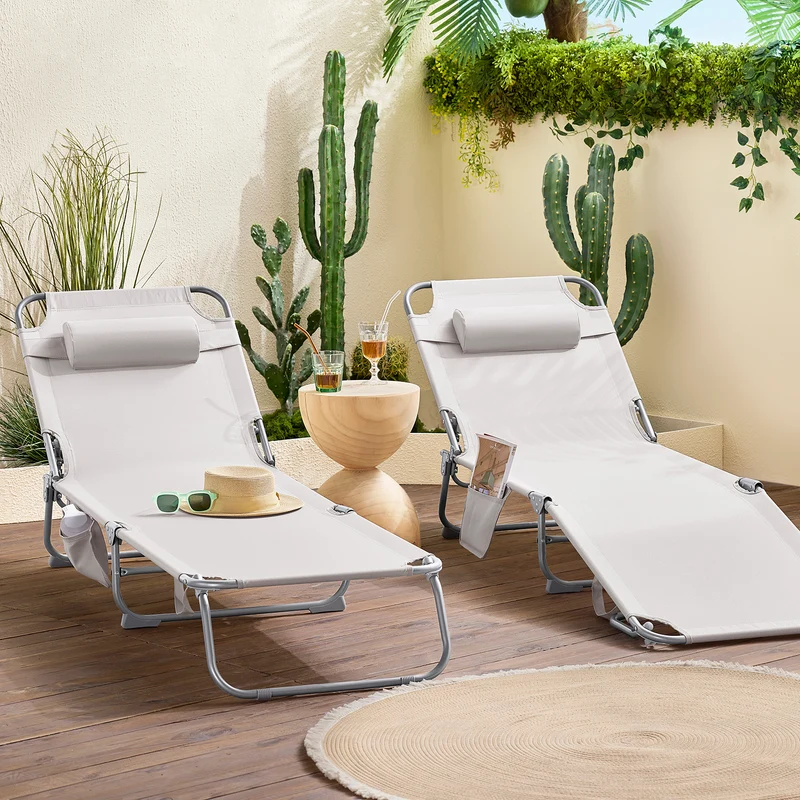 SoBuy OGS35-MIx2 Lot de 2 Transats de Jardin Pliable avec Oreiller et Poche Latérale, Chaise Longue Relax, Design Fonctionnel – L155×P56×H81 cm, Beige