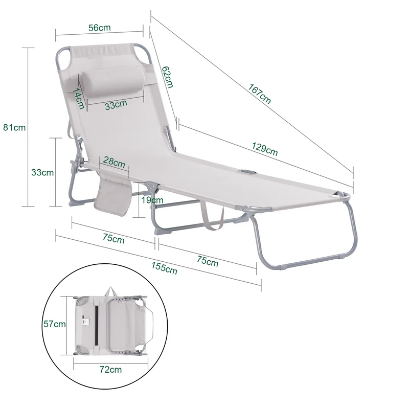 SoBuy OGS35-MIx2 Lot de 2 Transats de Jardin Pliable avec Oreiller et Poche Latérale, Chaise Longue Relax, Design Fonctionnel – L155×P56×H81 cm, Beige