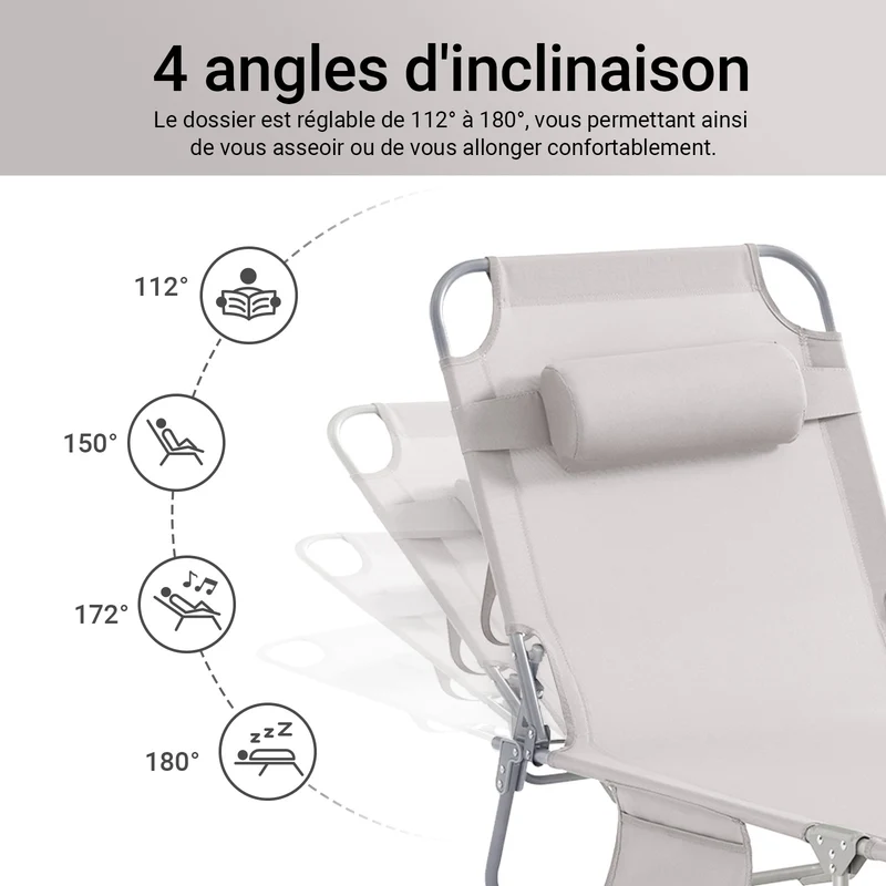 SoBuy OGS35-MIx2 Lot de 2 Transats de Jardin Pliable avec Oreiller et Poche Latérale, Chaise Longue Relax, Design Fonctionnel – L155×P56×H81 cm, Beige