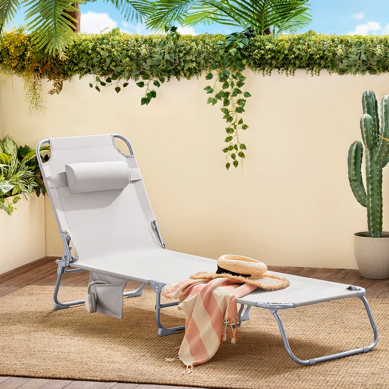 SoBuy OGS35-MIx2 Lot de 2 Transats de Jardin Pliable avec Oreiller et Poche Latérale, Chaise Longue Relax, Design Fonctionnel – L155×P56×H81 cm, Beige