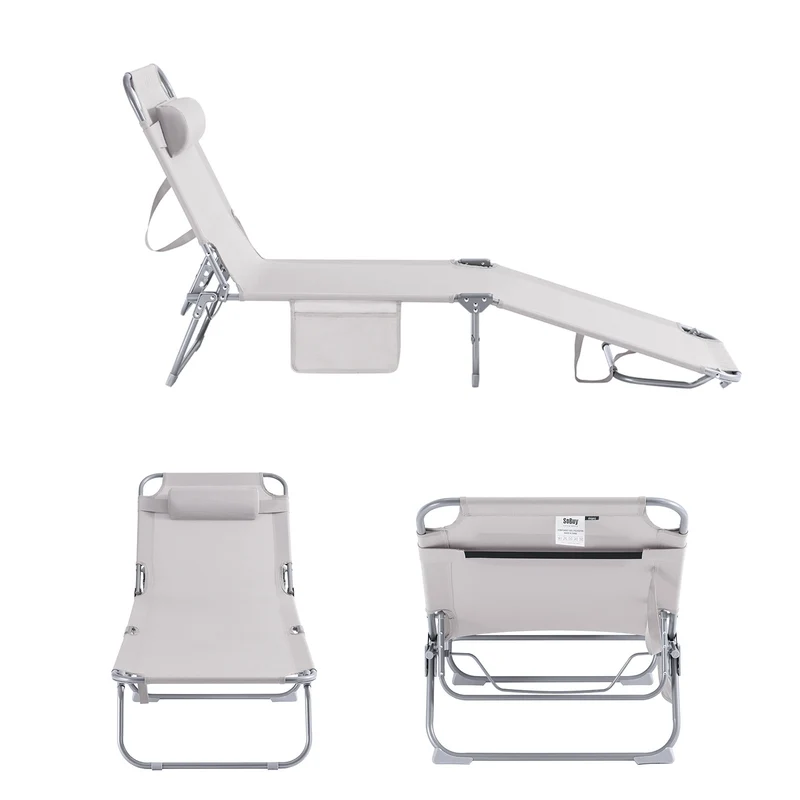 SoBuy OGS35-MIx2 Lot de 2 Transats de Jardin Pliable avec Oreiller et Poche Latérale, Chaise Longue Relax, Design Fonctionnel – L155×P56×H81 cm, Beige
