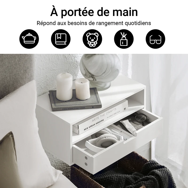 SoBuy NKD03-W Table de Chevet Murale, Table de Nuit Flottante avec Tiroir et Plateau, Étagère Murale pour Chambre à Coucher, L 45 x P 25 x H 22 cm, Blanc