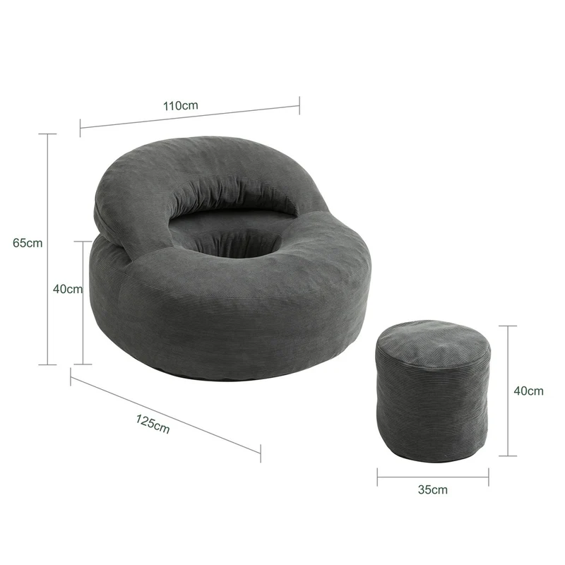 SoBuy FST100-DG Fauteuil de Salon en Velours Côtelé avec Repose-Pieds – Dossier Inclinable, Relax – 110×125×65 cm, Gris Foncé