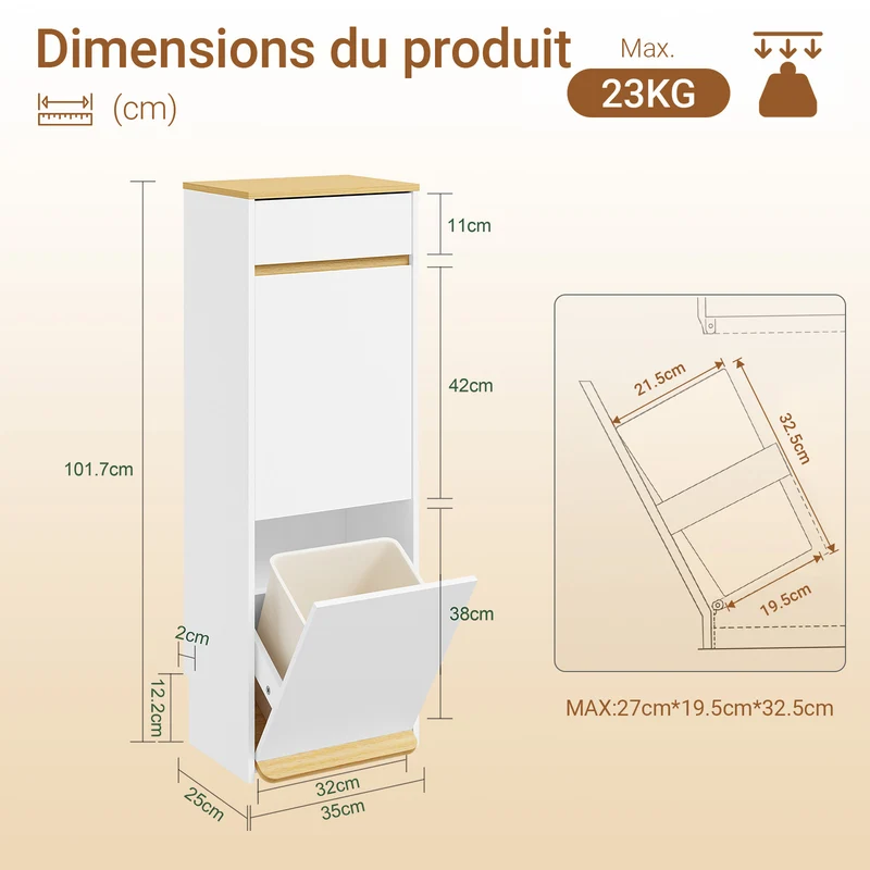 SoBuy FSB112-WN Meuble Poubelle 2 Compartiments avec Pédale et Tiroir – Rangement Blanc Aspect Chêne – 35×25×101,7 cm, Blanc et Chêne