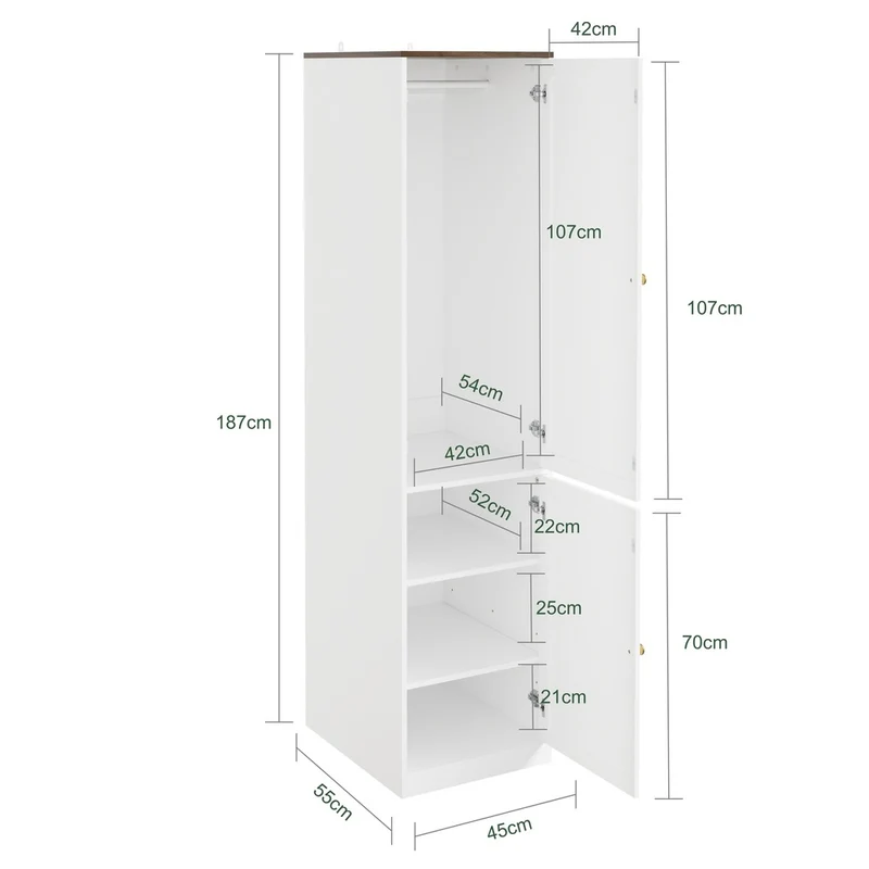 SoBuy KSB03-W Armoire Penderie 2 Portes pour Chambre – Penderie et 3 Étagères, Anti-Basculement – 45×55×187 cm, Blanc